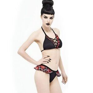 Devil’s Fashion ✦ Plaid Crisscross Bikini Set ✦ Skull Charms Ruffle Trim XL-2XL